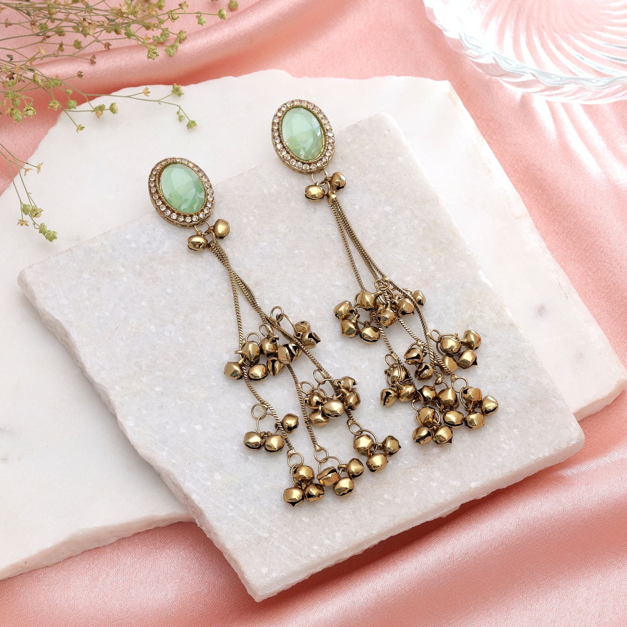 Light Green Color Long Kashmiri Earrings Handmade Ethnic Style