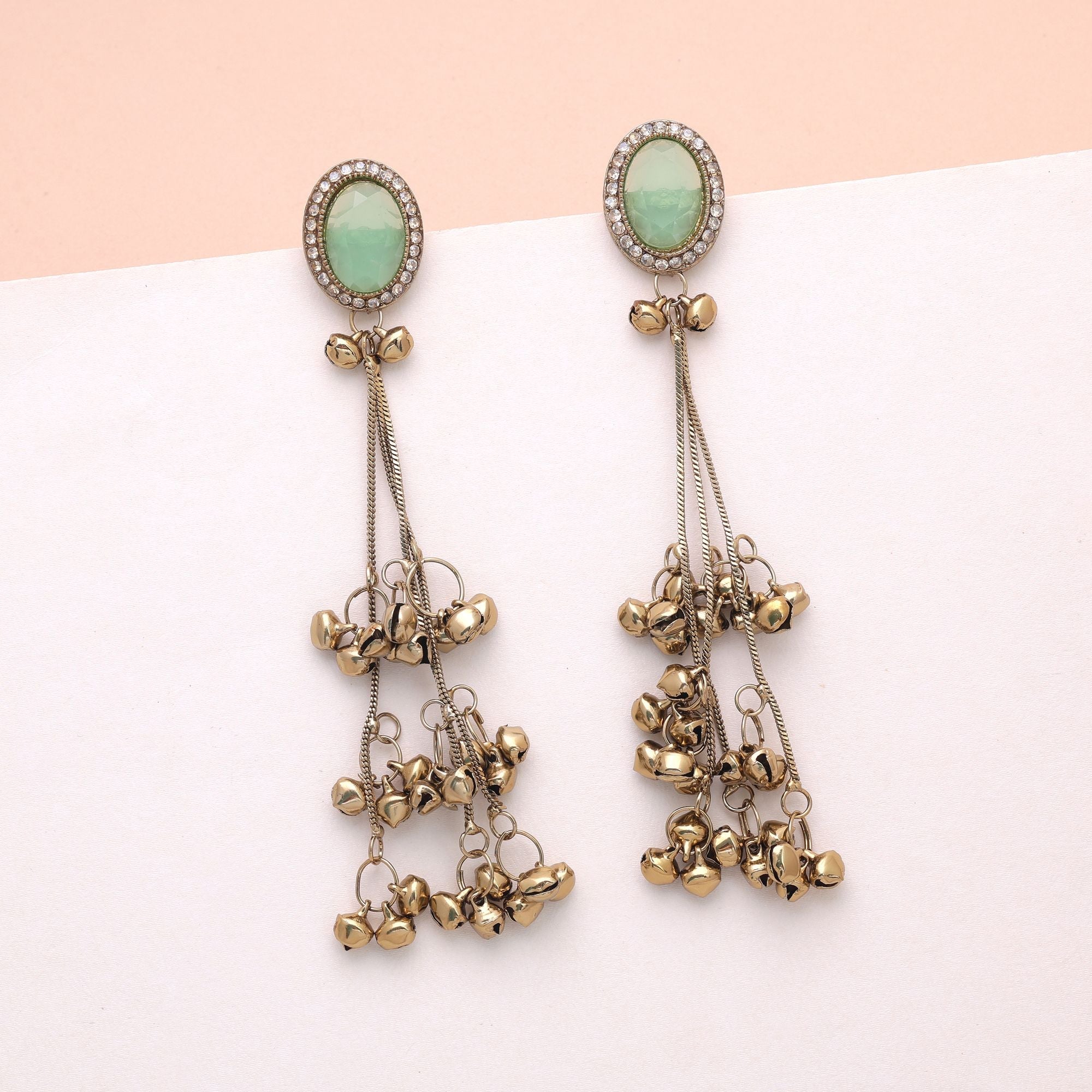 Light Green Color Long Kashmiri Earrings Handmade Ethnic Style