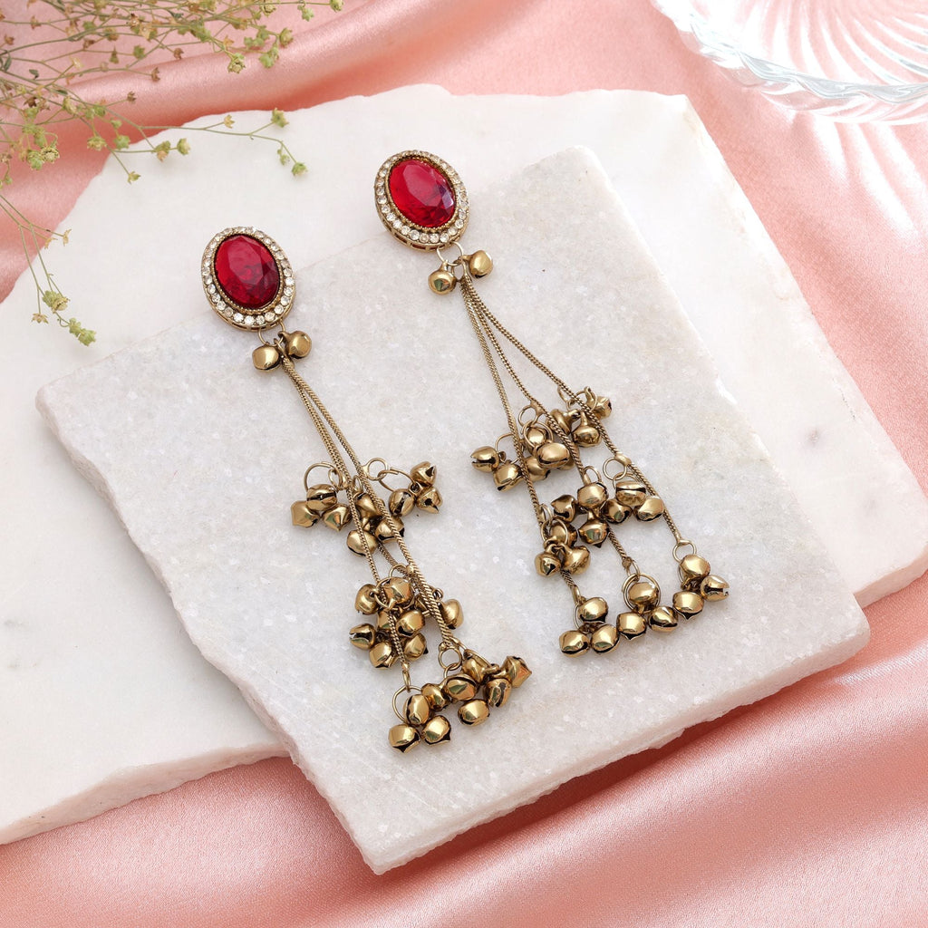 Red Color Long Kashmiri Earrings Traditional Jewelry Style