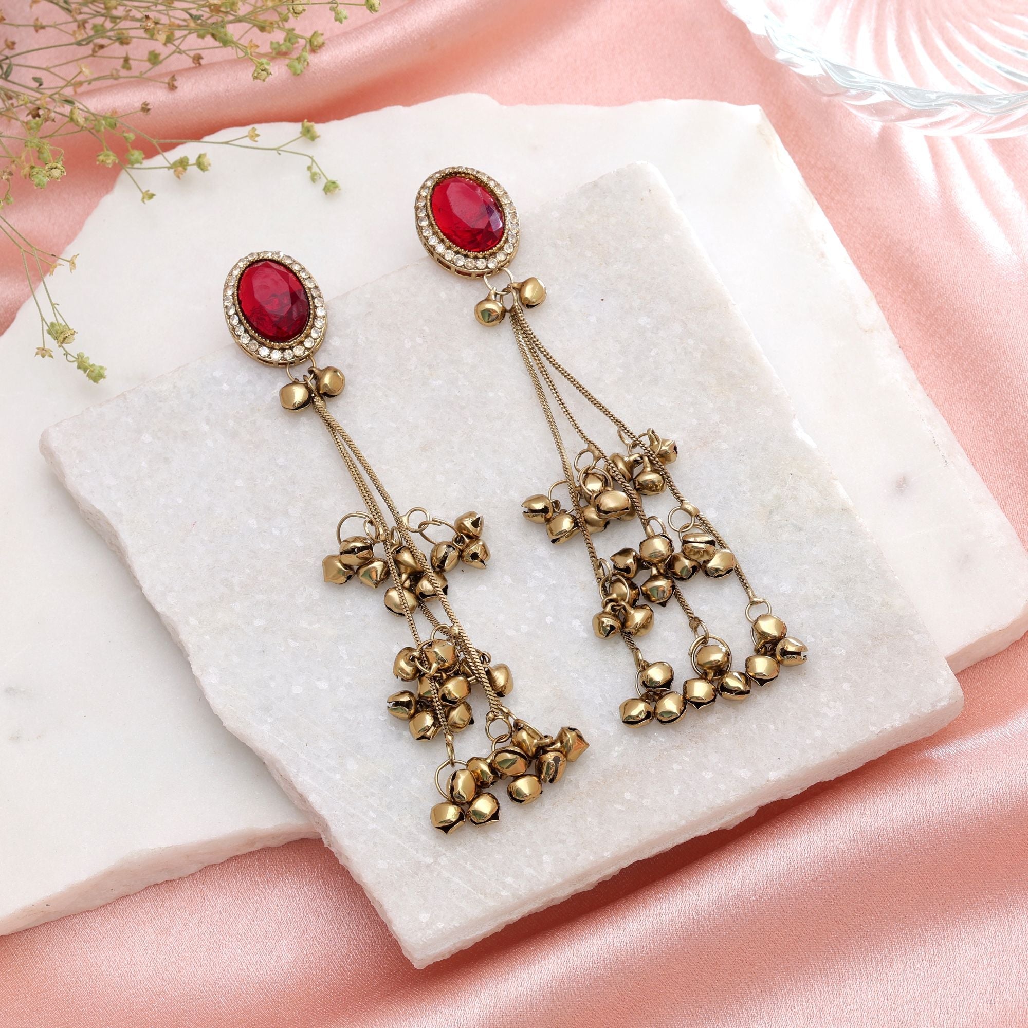 Red Color Long Kashmiri Earrings Traditional Jewelry Style