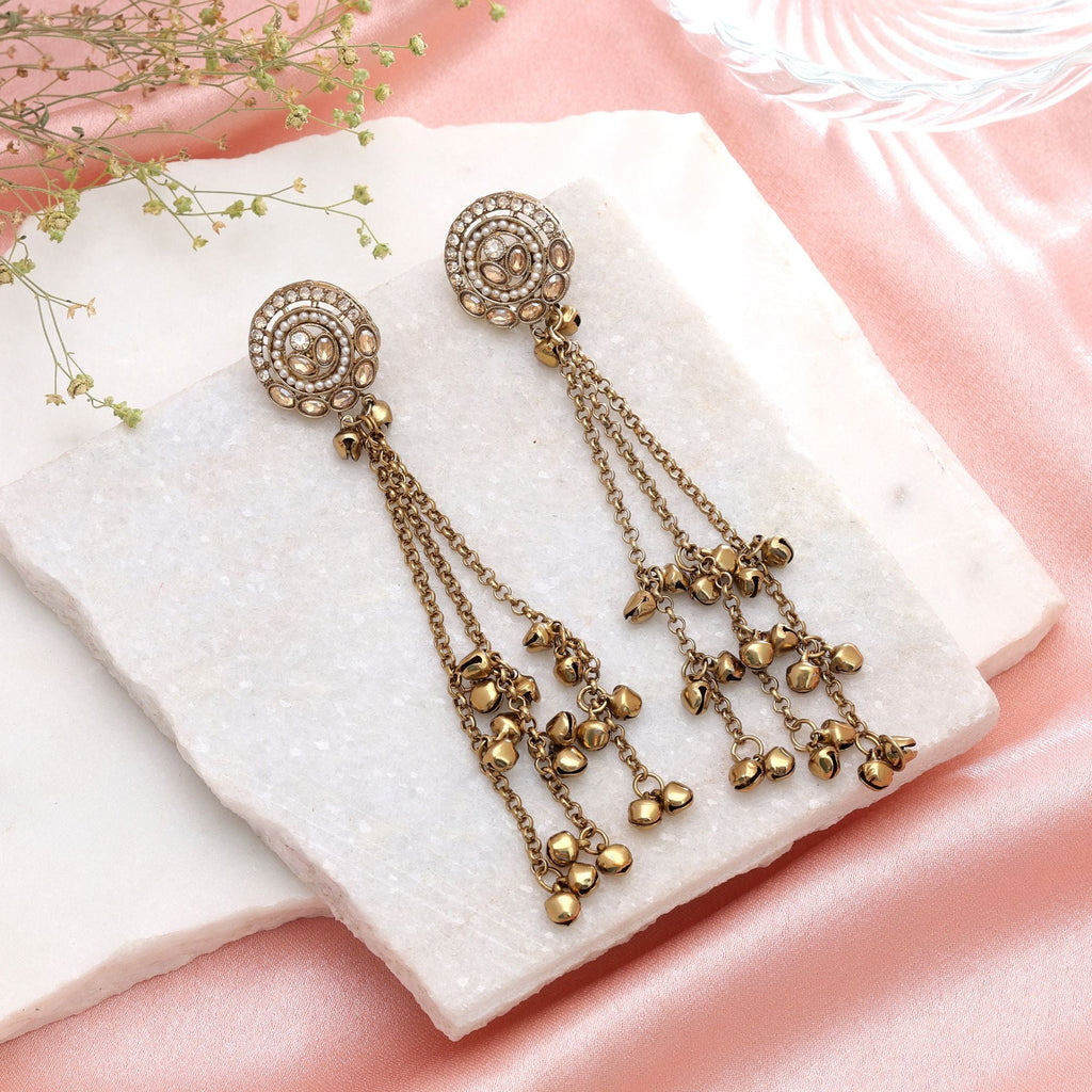 Gold Color Long Kashmiri Earrings Royal Ethnic Jewelry Style