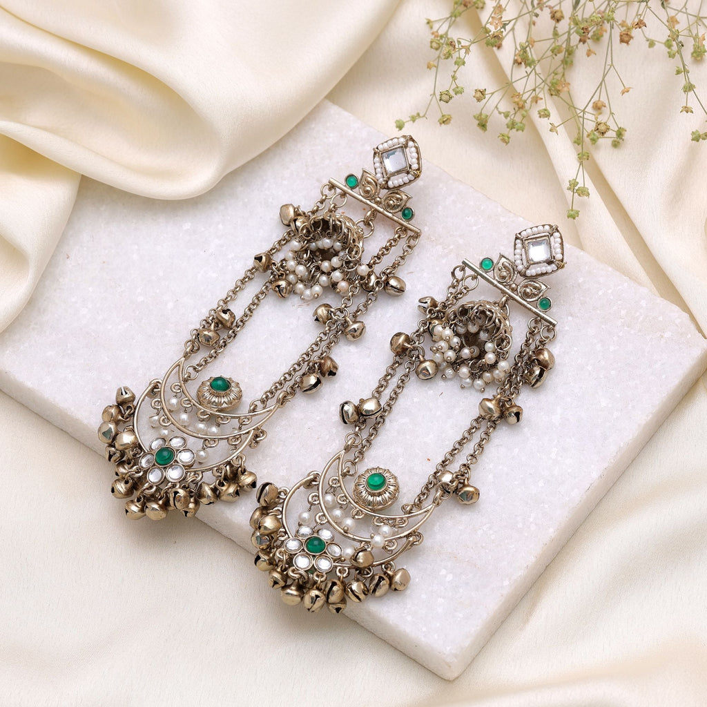 Green Color Long Kashmiri Earrings Traditional Jewelry Look