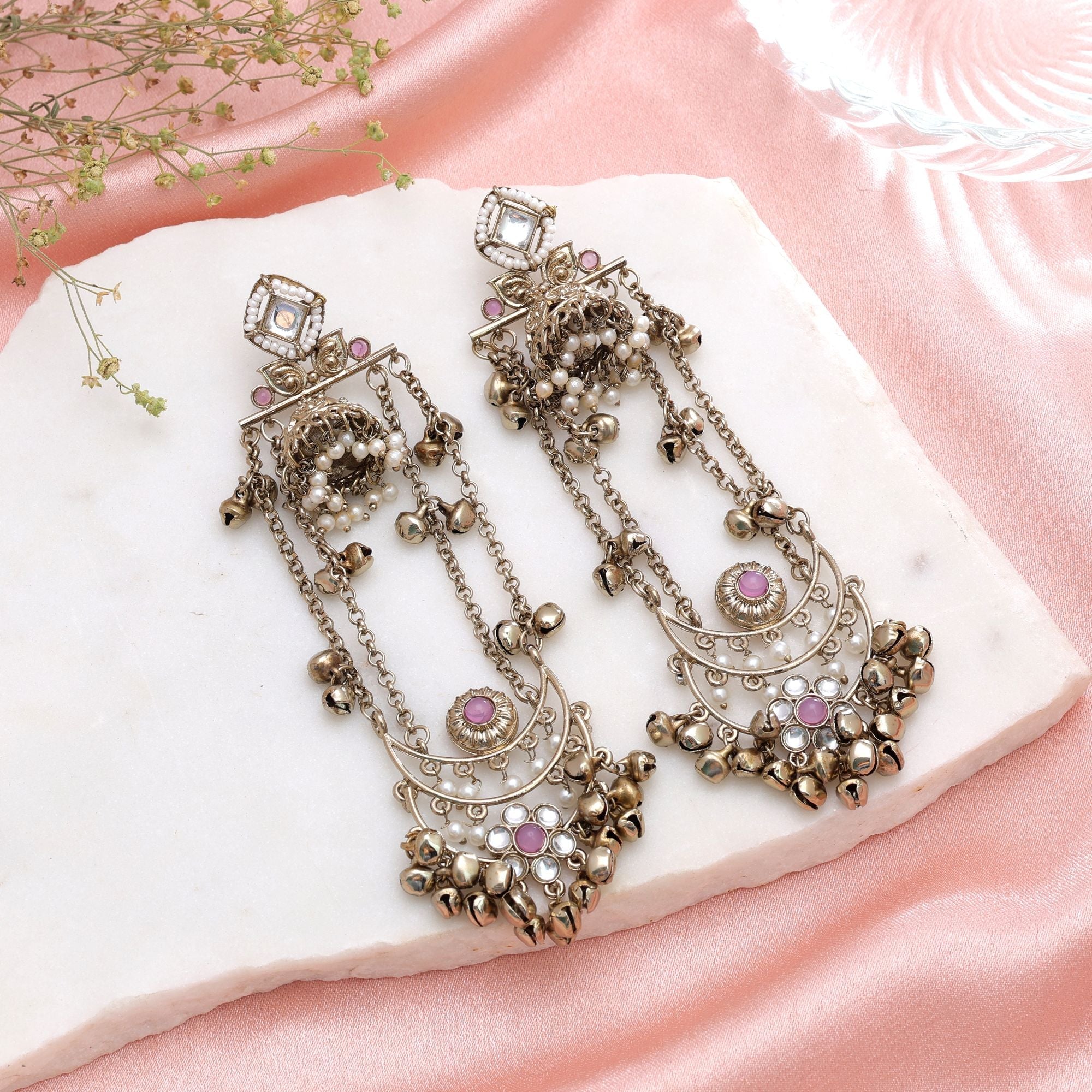 Light Pink Color Long Kashmiri Earrings Handmade Jewelry Style