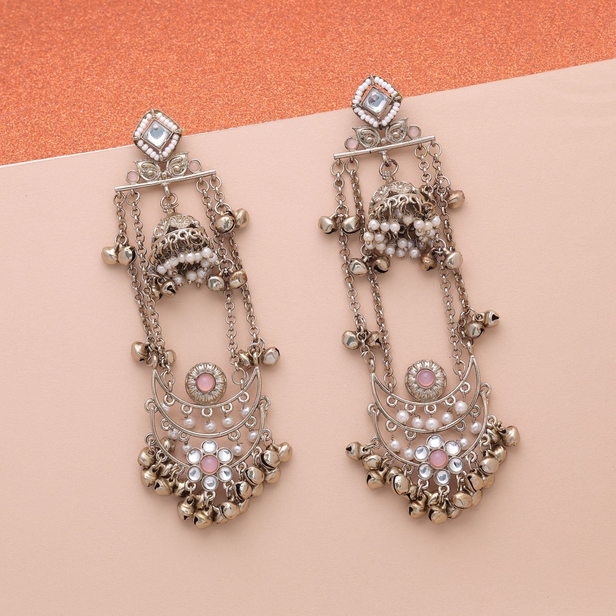 Light Pink Color Long Kashmiri Earrings Handmade Jewelry Style