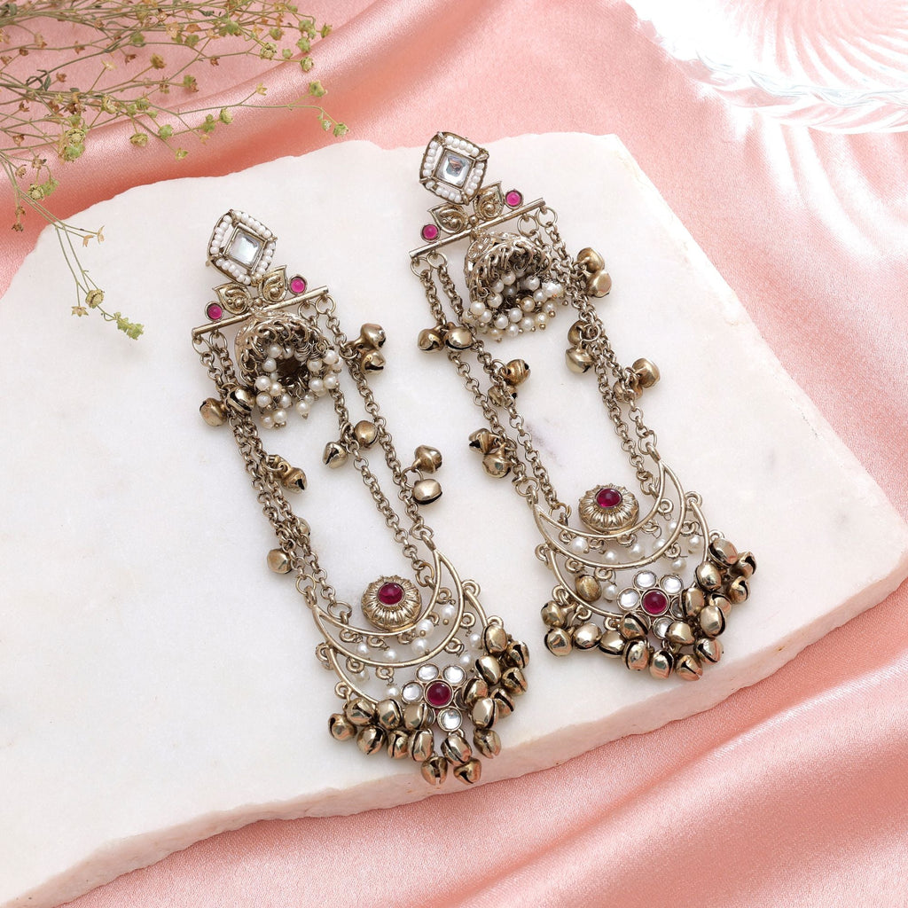 Red Color Long Kashmiri Earrings Traditional Fashion Design