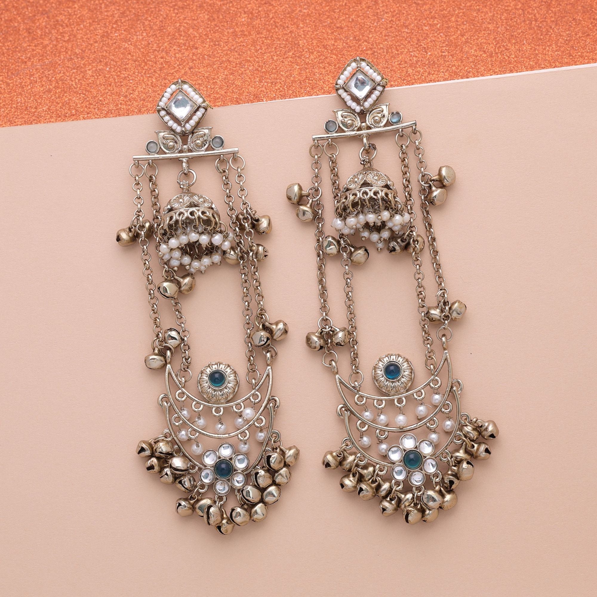 Rama Green Color Long Kashmiri Earrings Handmade Jewelry Style