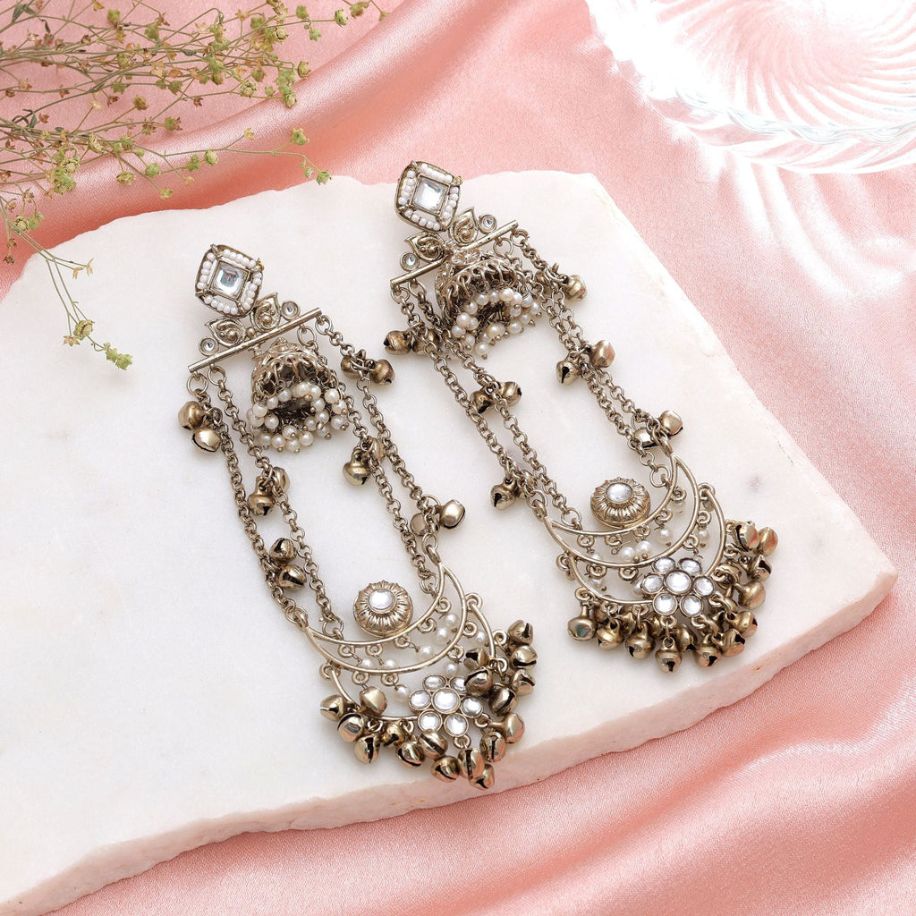 White Color Long Kashmiri Earrings Traditional Designer Style