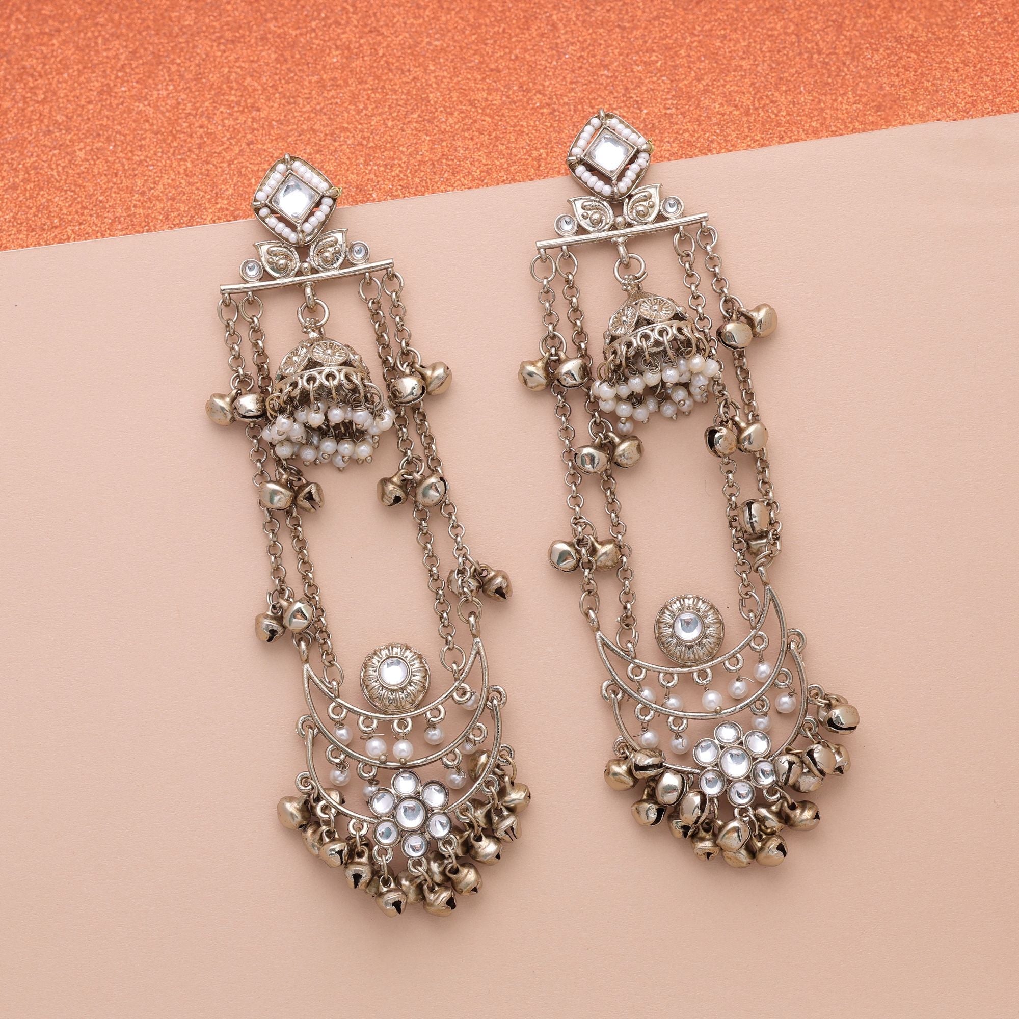 White Color Long Kashmiri Earrings Traditional Designer Style