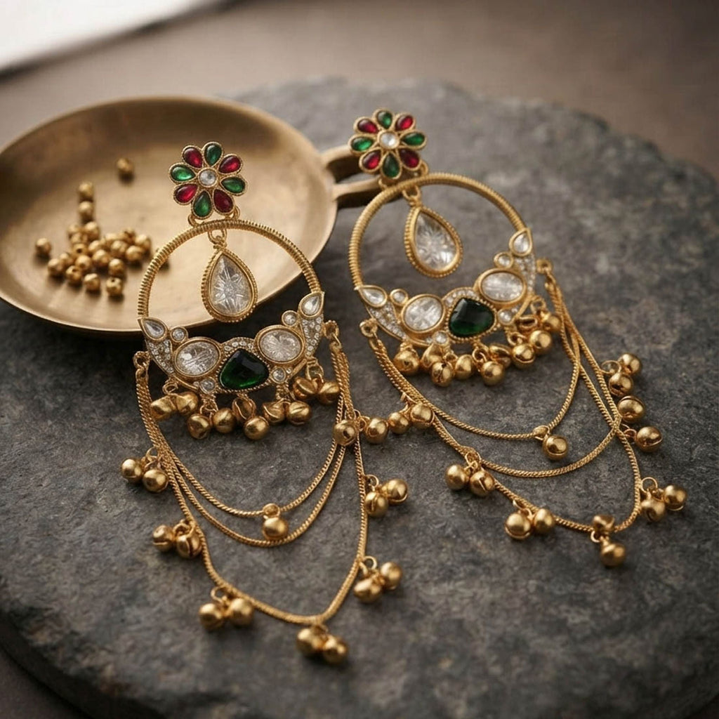 Green & Red Color Long Kashmiri Earrings with Elegant Stonework and Traditional Ethnic Design