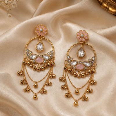 Light Pink Color Long Kashmiri Earrings with Graceful Traditional Detailing and Beautiful Ethnic Appeal