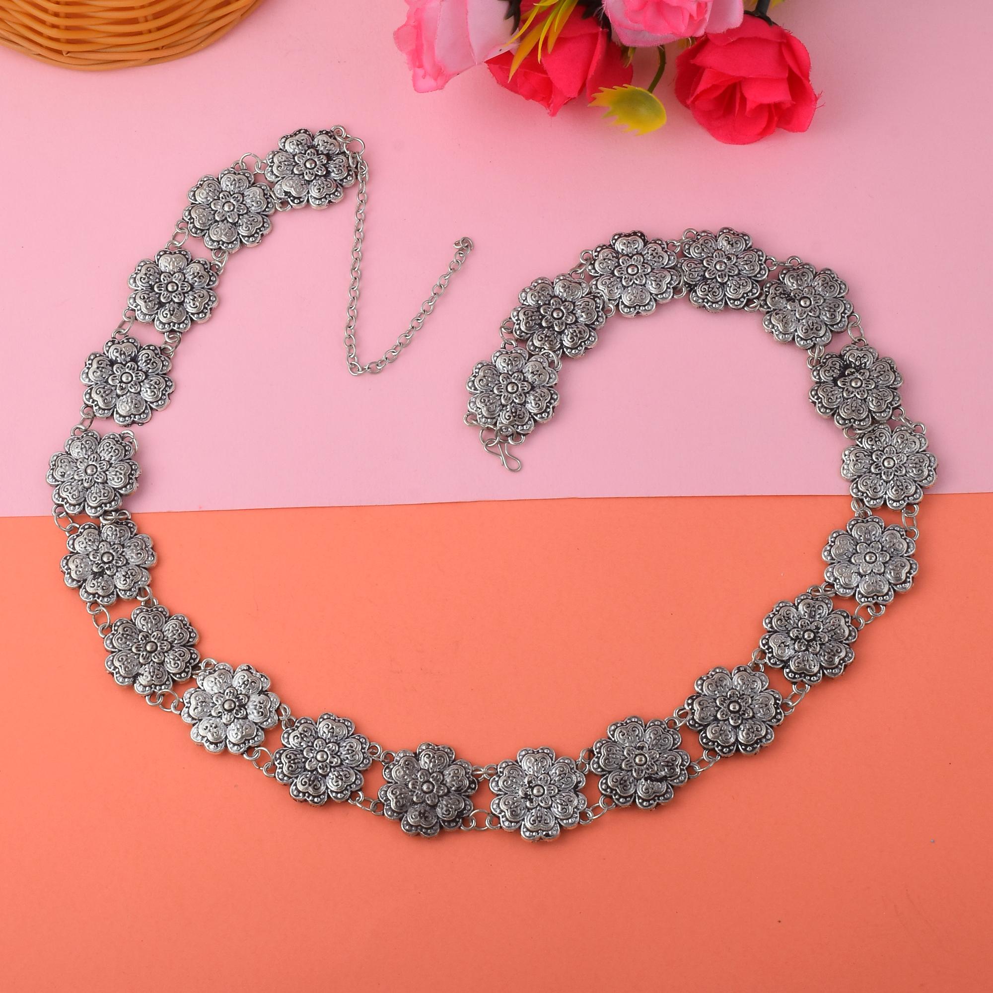 Eye-Catching Silver Color Oxidised Kamarband With Delicate Carving Design