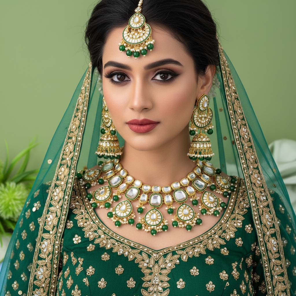Classic Green Color Kundan Necklace Set With Beautiful Stone Detailing