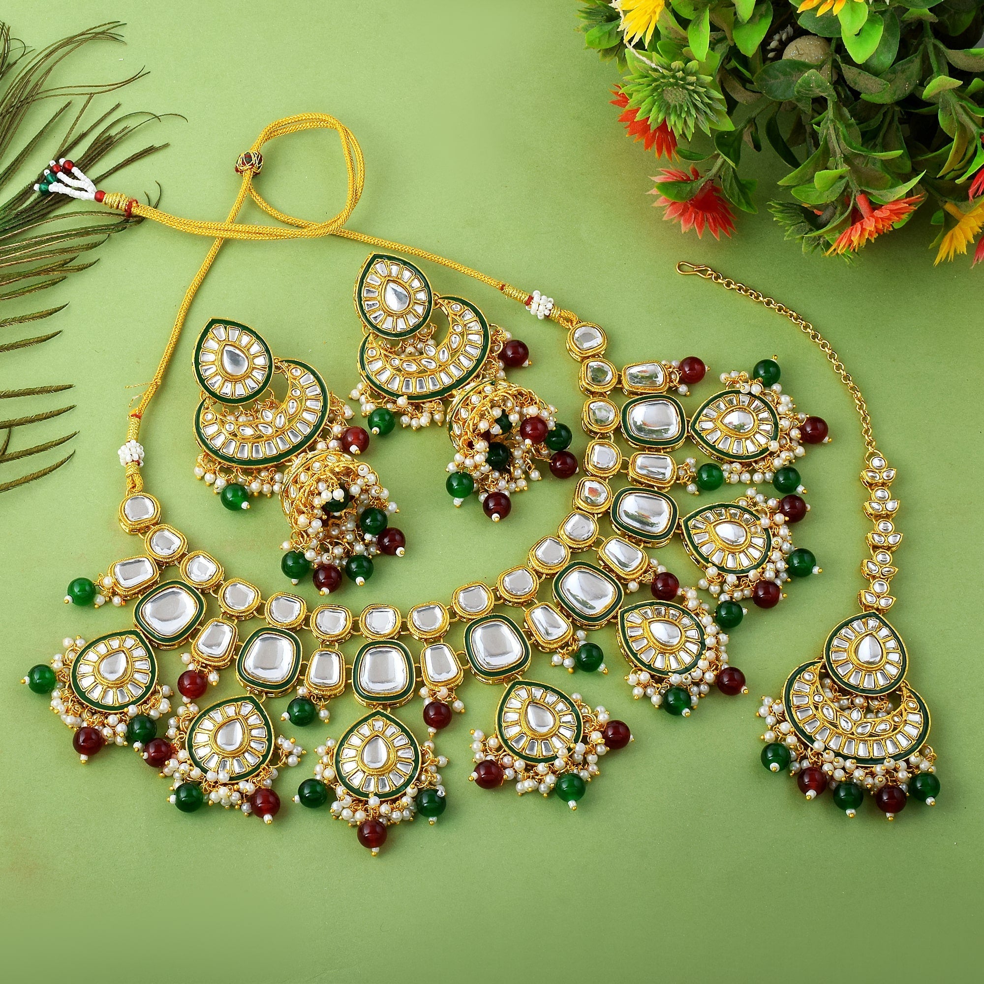 Maroon & Green Color Kundan Necklace Set For Bridal And Party Use