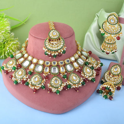 Maroon & Green Color Kundan Necklace Set For Bridal And Party Use