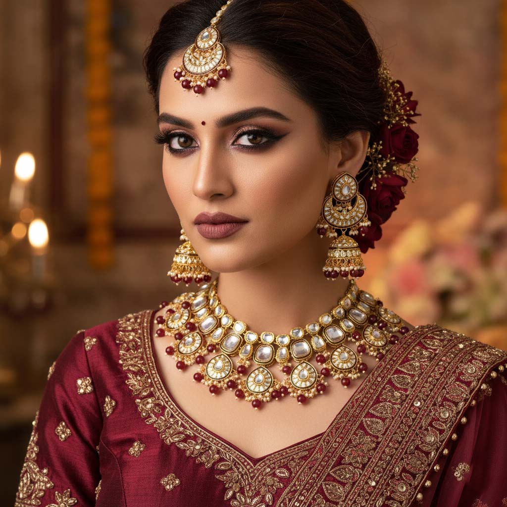 Stunning Maroon Color Kundan Necklace Set For Ethnic Occasions