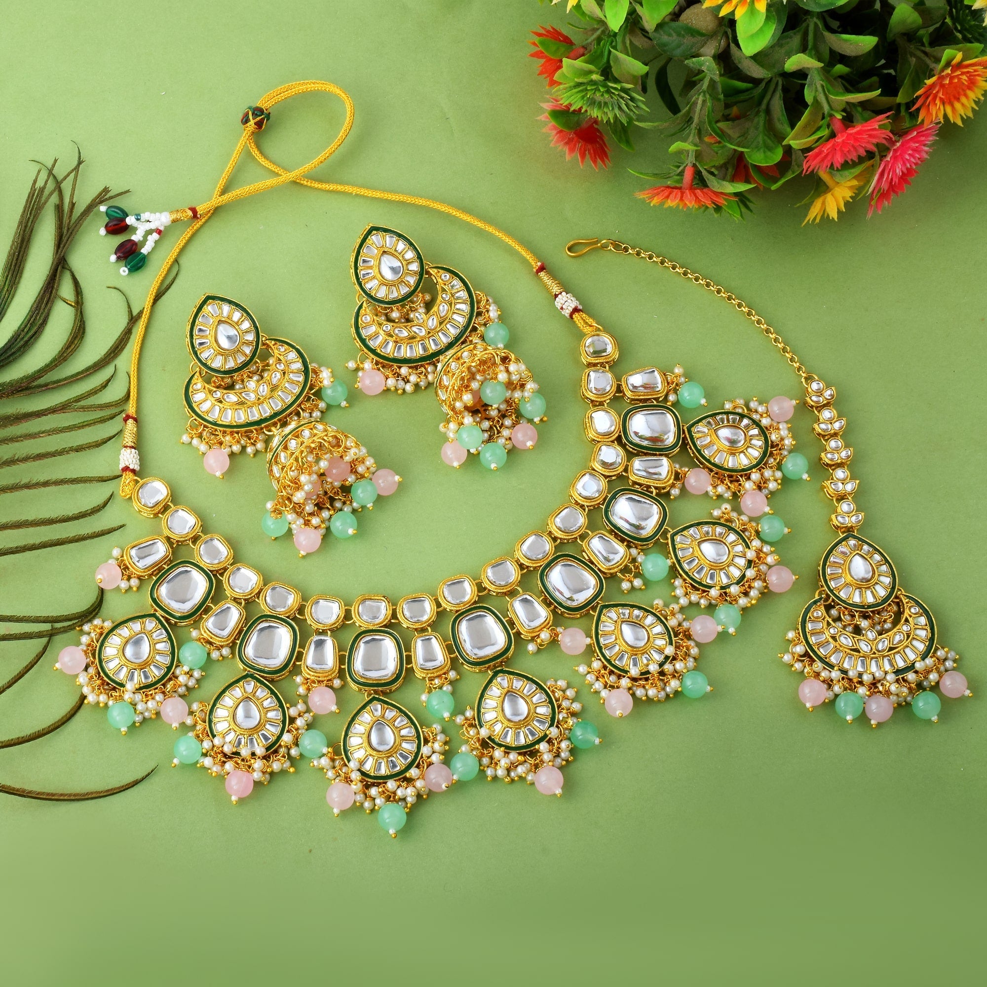 Dual Pink & Pista Green Color Kundan Necklace Set For Festive Look