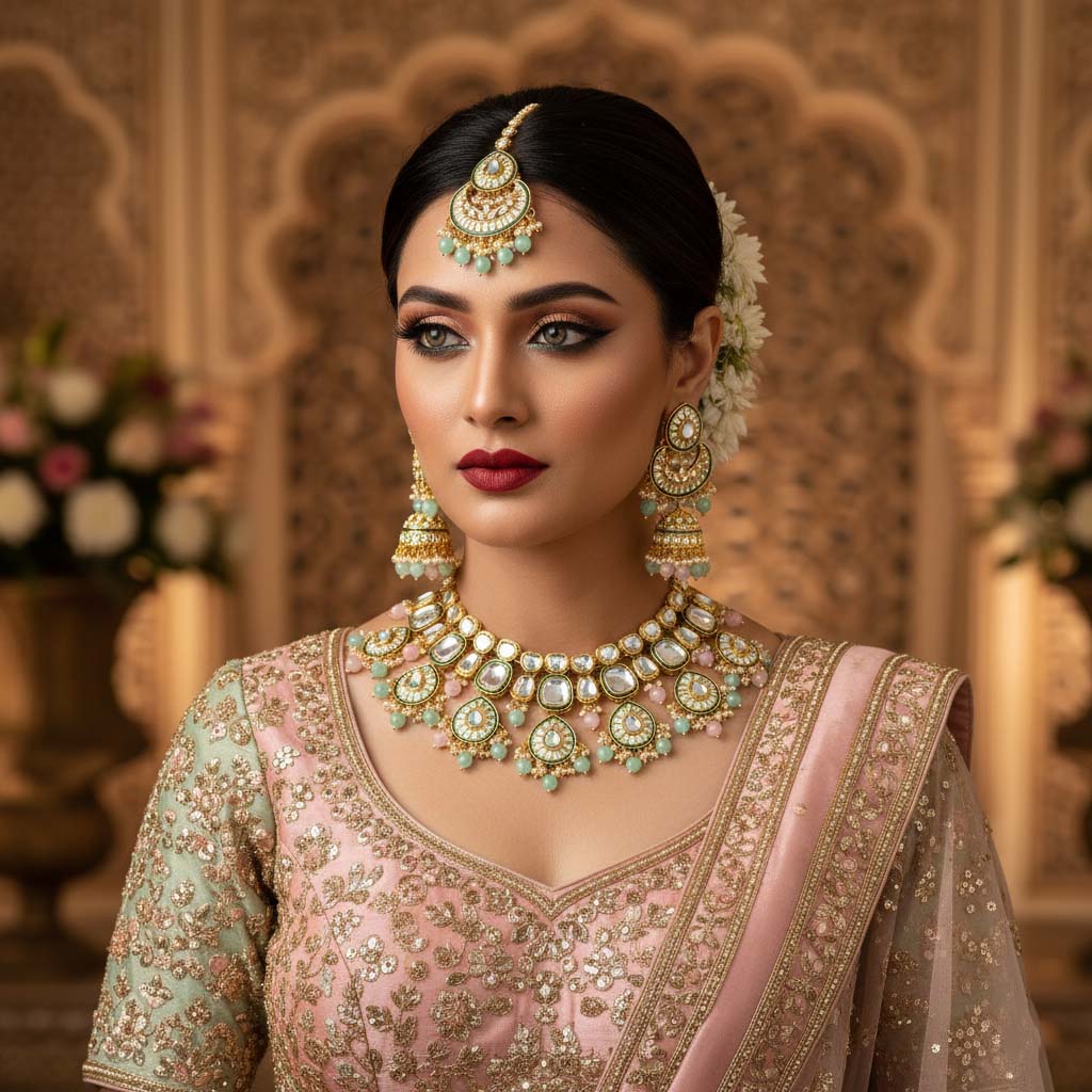 Dual Pink & Pista Green Color Kundan Necklace Set For Festive Look