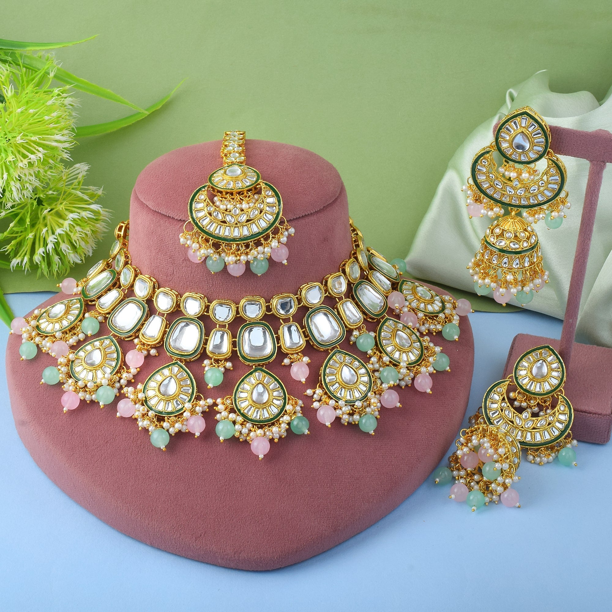 Dual Pink & Pista Green Color Kundan Necklace Set For Festive Look