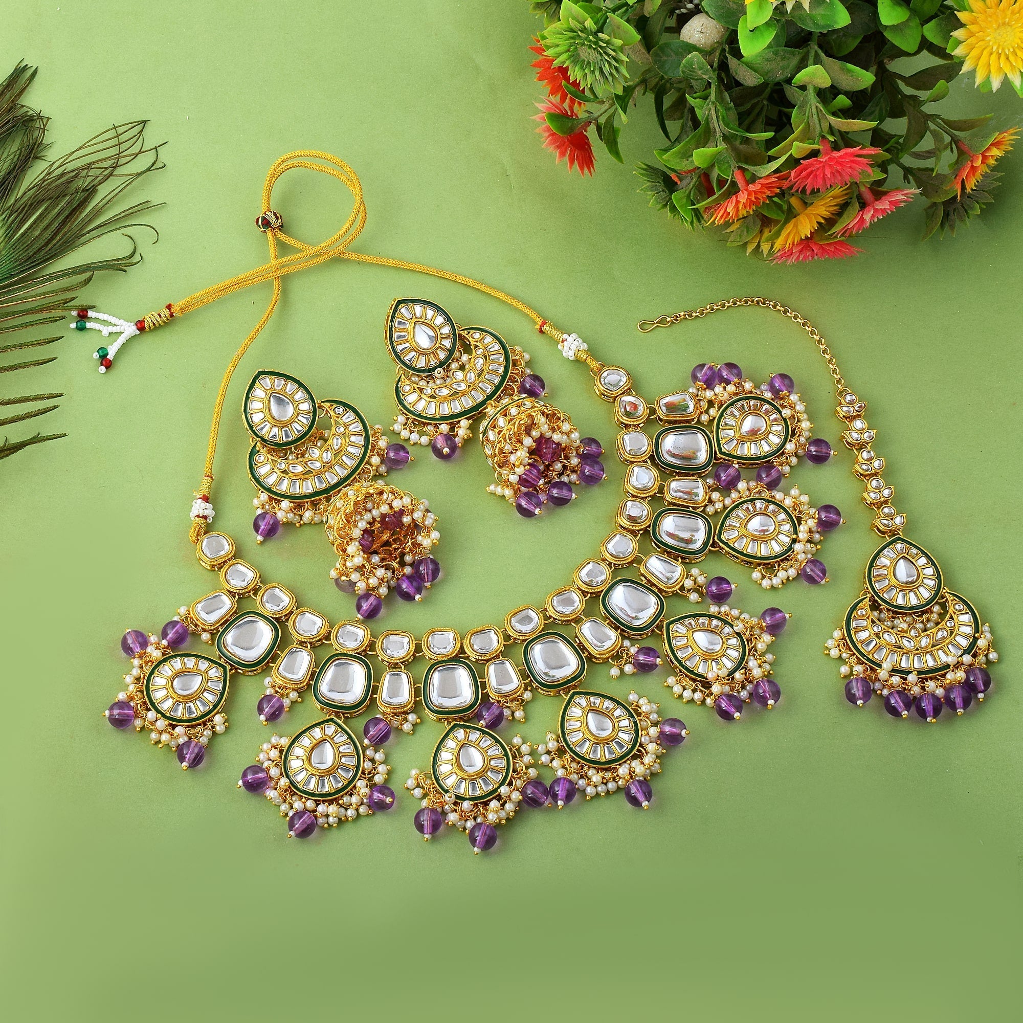 Regal Purple Color Kundan Necklace Set For Wedding Celebrations
