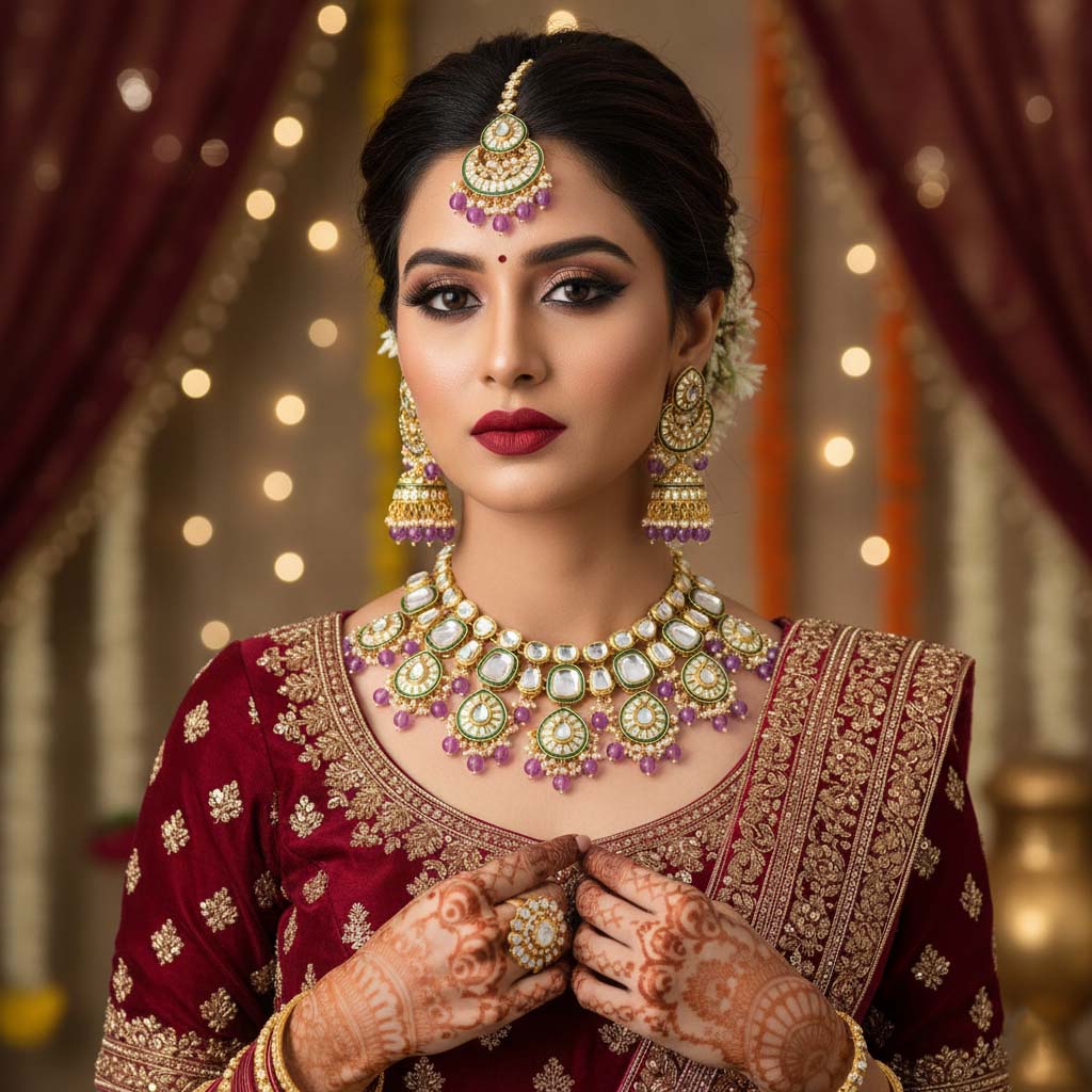 Regal Purple Color Kundan Necklace Set For Wedding Celebrations