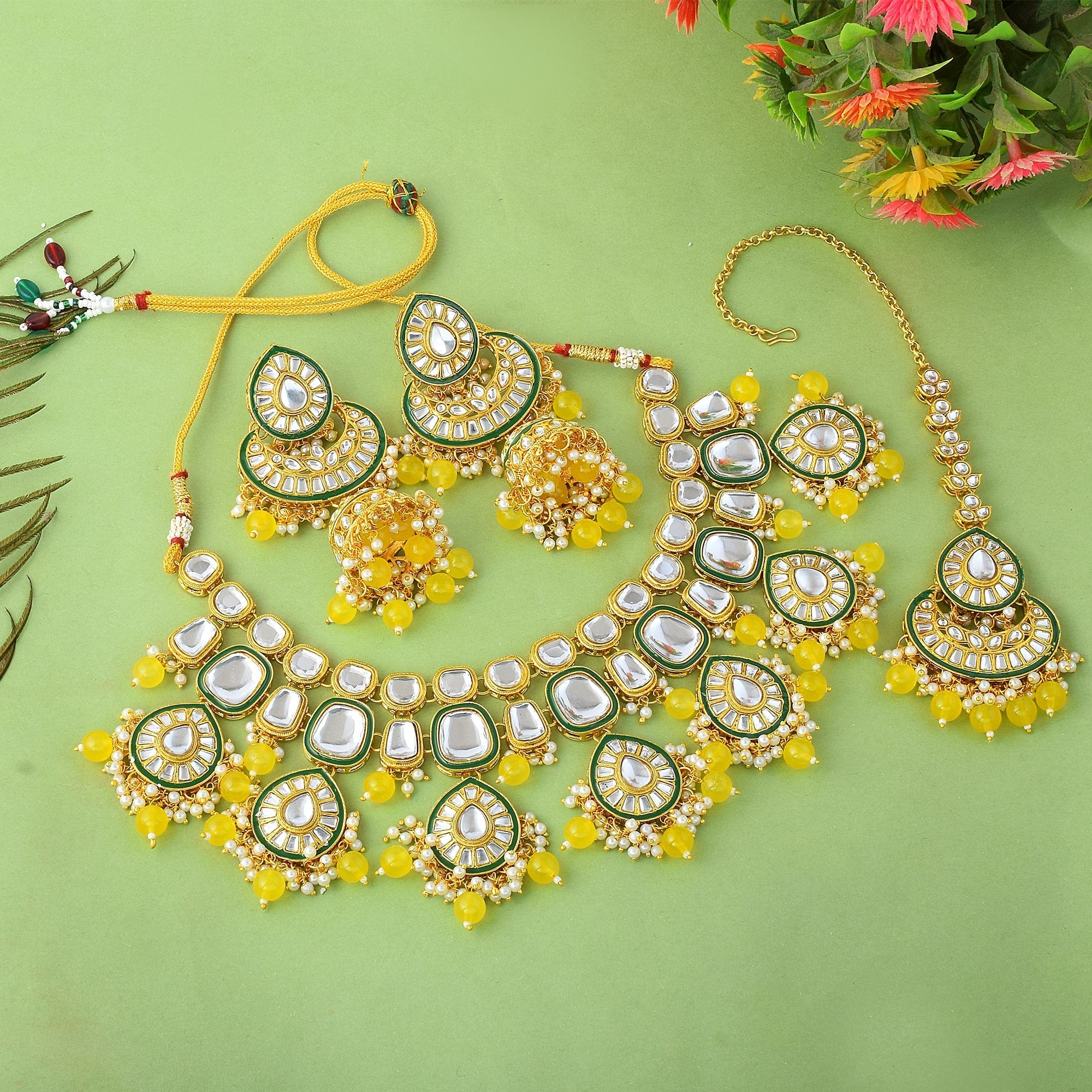 Bright Yellow Color Kundan Necklace Set With Royal Indian Design