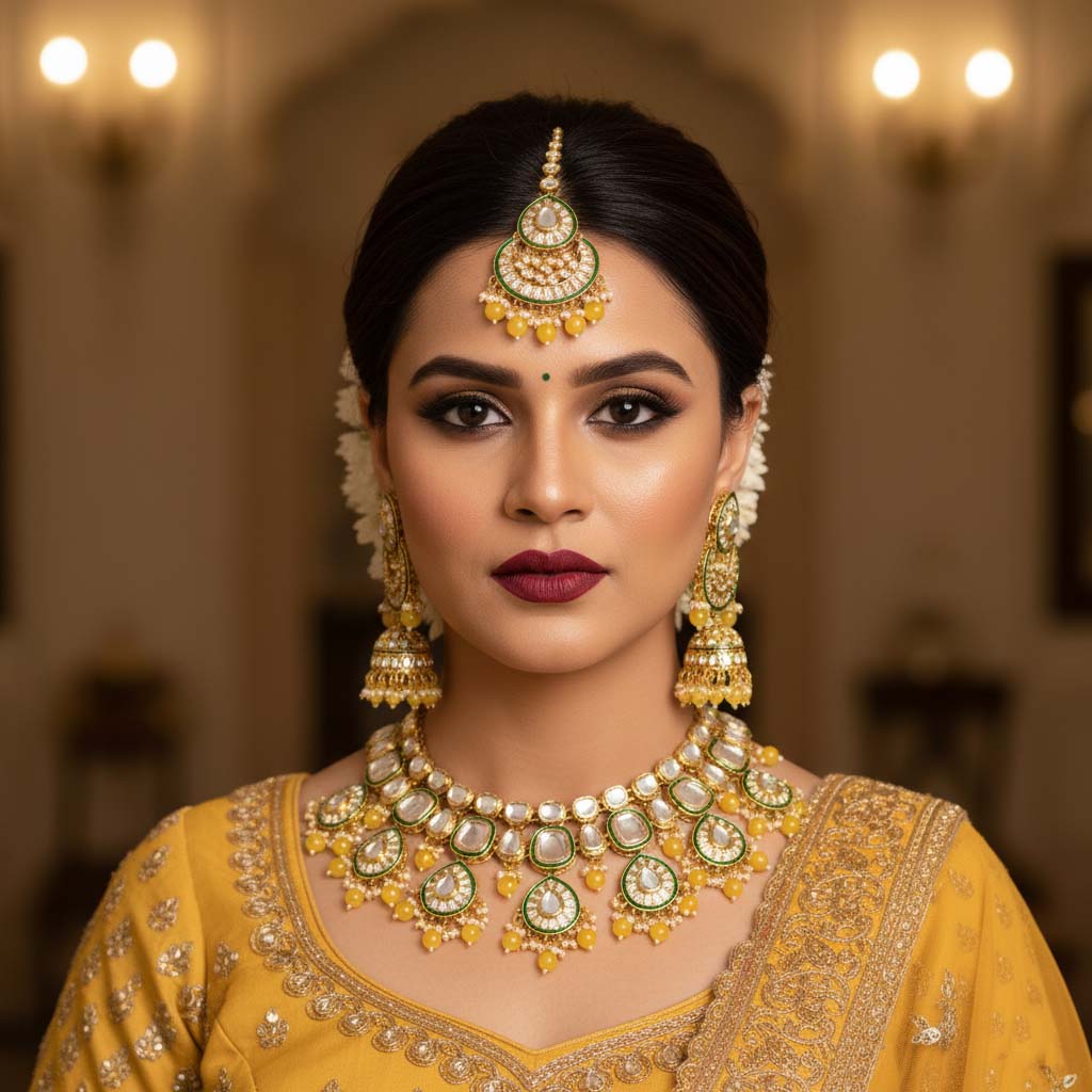 Bright Yellow Color Kundan Necklace Set With Royal Indian Design