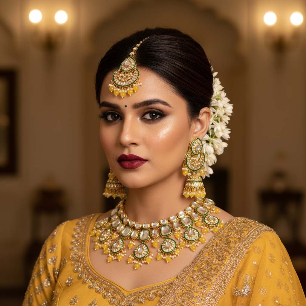 Bright Yellow Color Kundan Necklace Set With Royal Indian Design