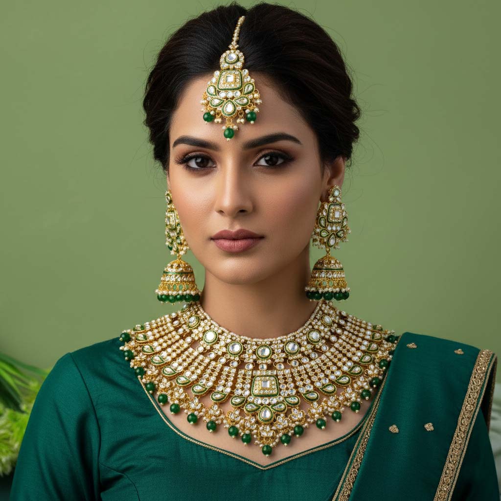 Traditional Green Color Kundan Necklace Set With Golden Accents