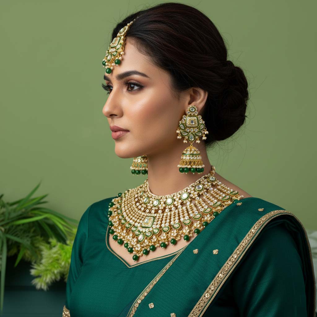Traditional Green Color Kundan Necklace Set With Golden Accents