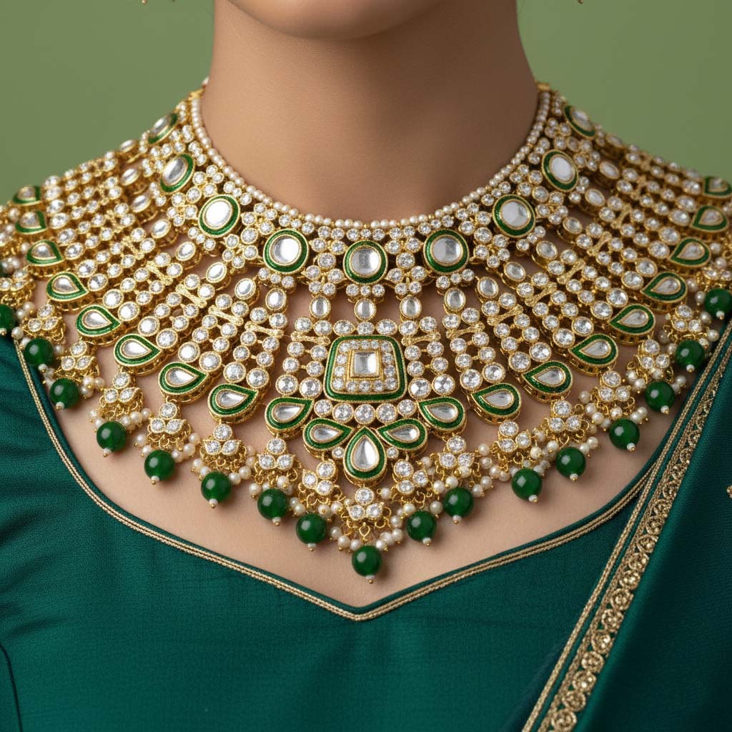 Traditional Green Color Kundan Necklace Set With Golden Accents