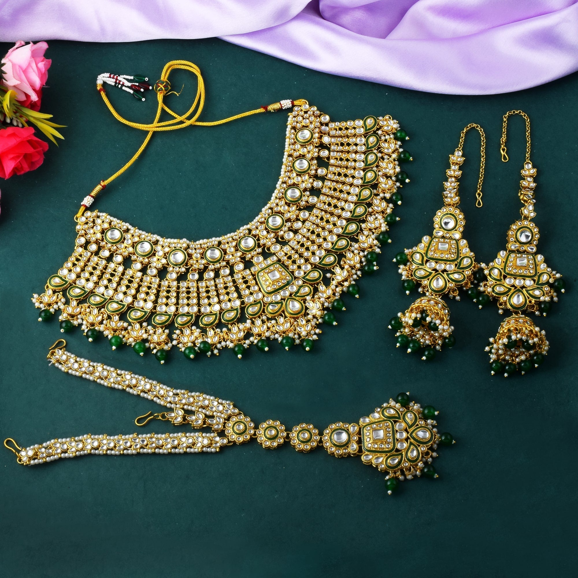 Traditional Green Color Kundan Necklace Set With Golden Accents