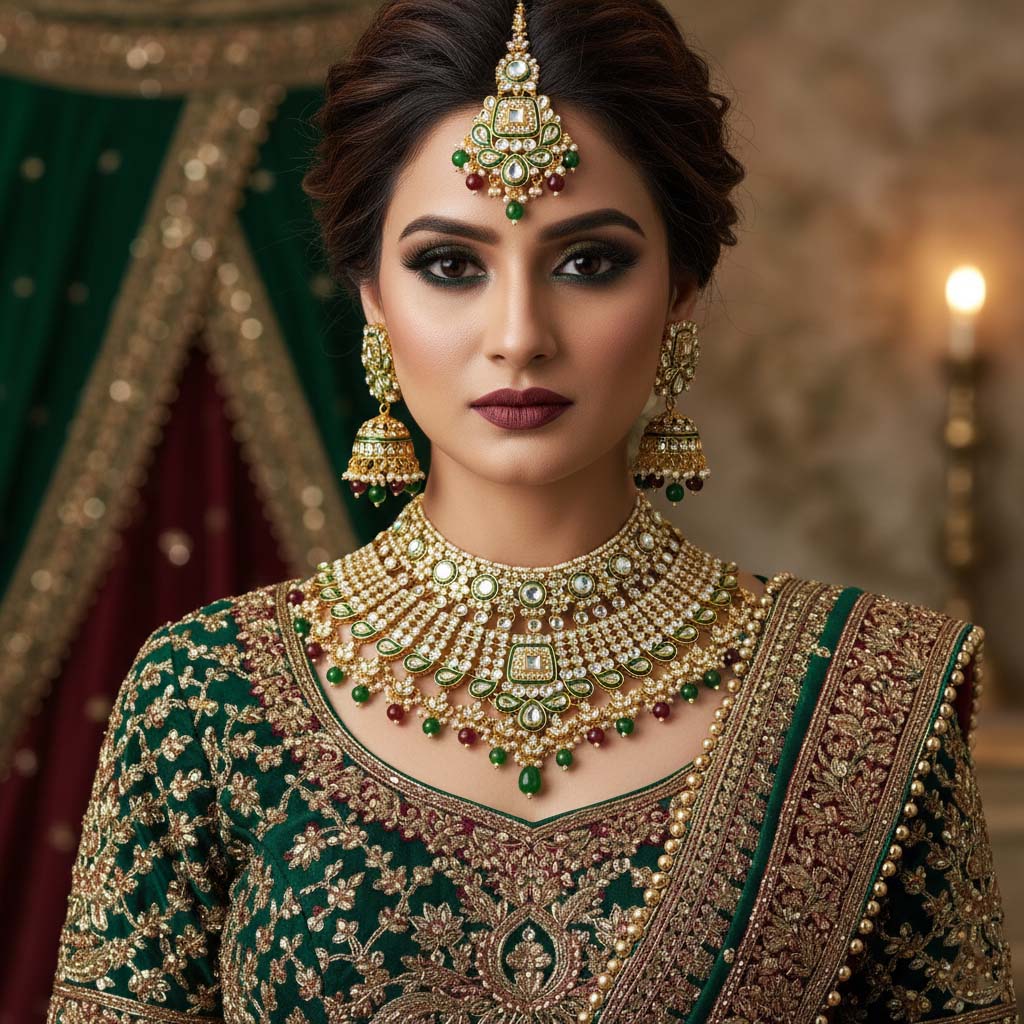 Bridal Maroon & Green Color Kundan Necklace Set For Special Events