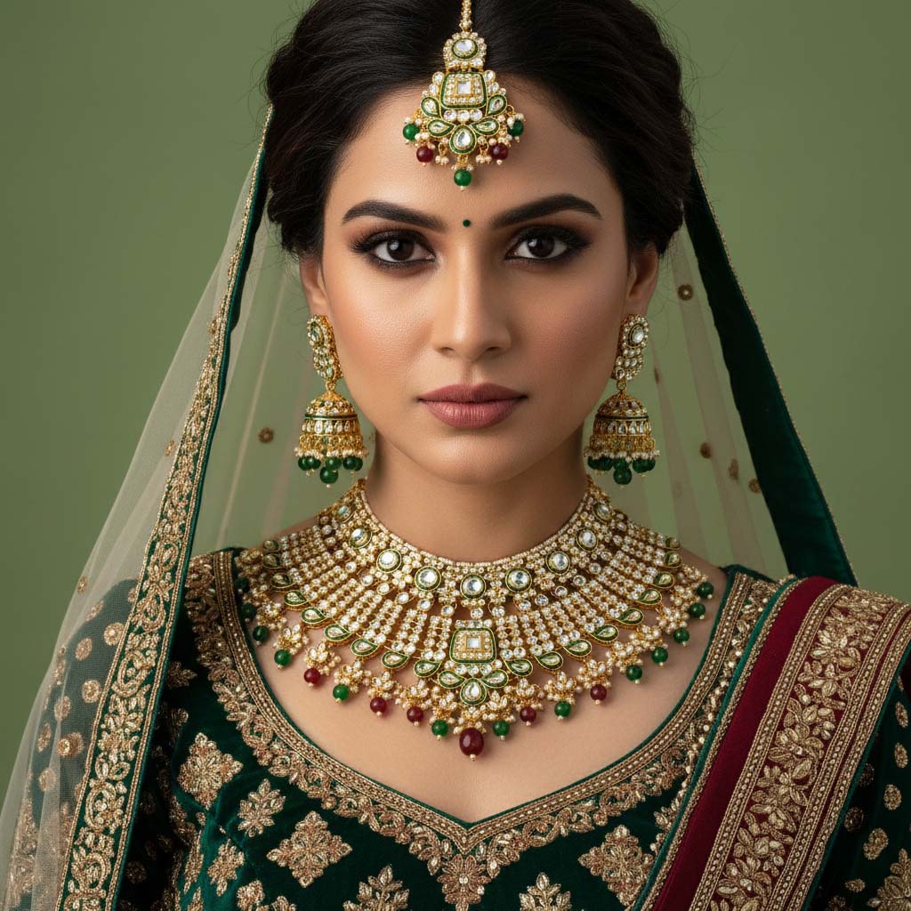 Bridal Maroon & Green Color Kundan Necklace Set For Special Events