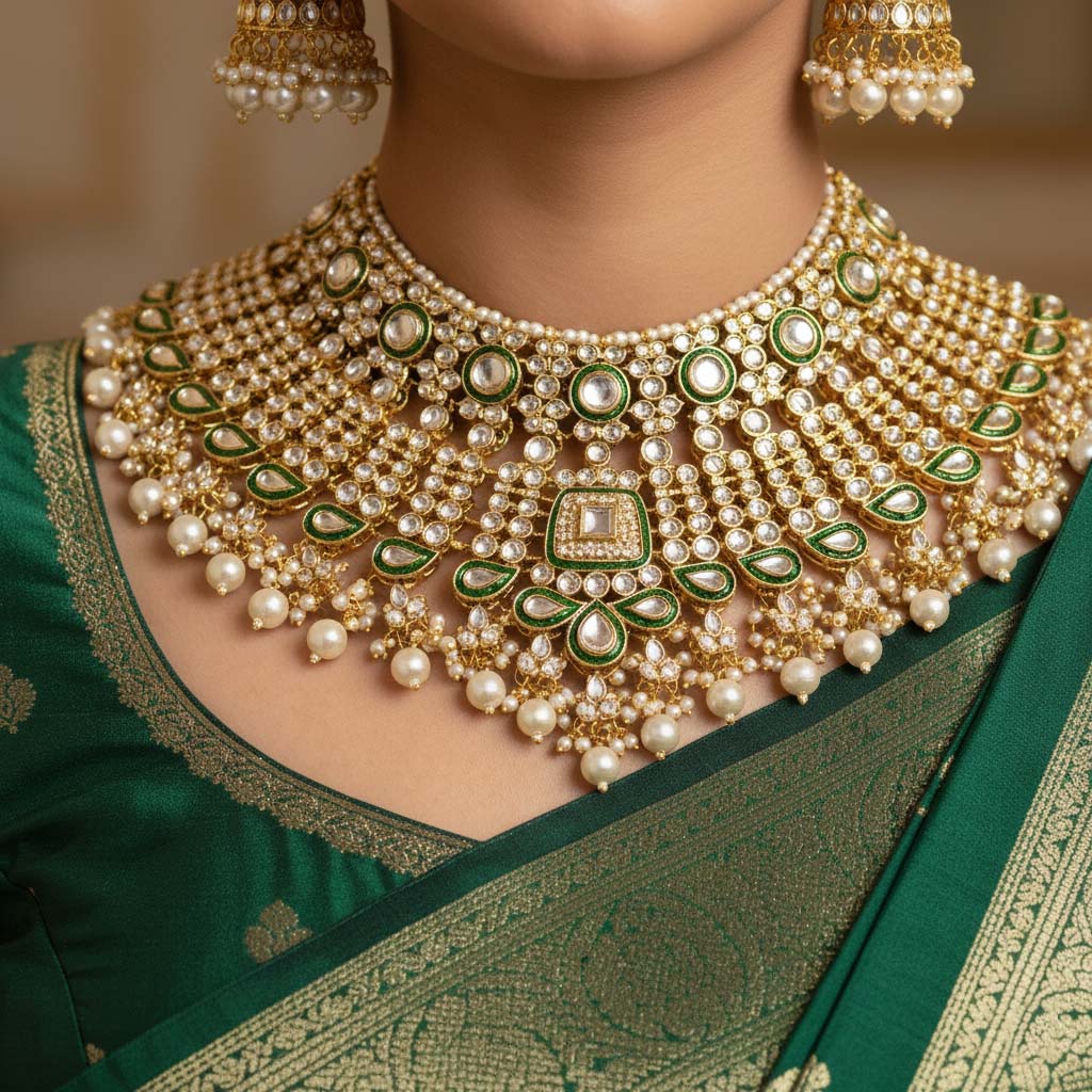 Handcrafted White Color Kundan Necklace Set With Classic Detailing