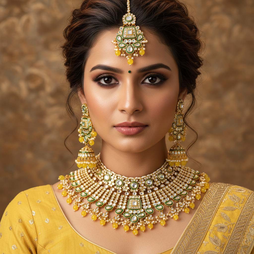 Traditional Yellow Color Kundan Necklace Set For Festive Outfits