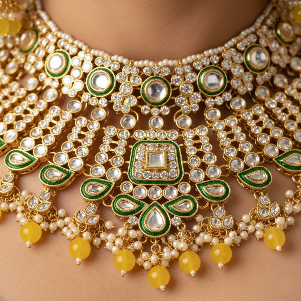 Traditional Yellow Color Kundan Necklace Set For Festive Outfits