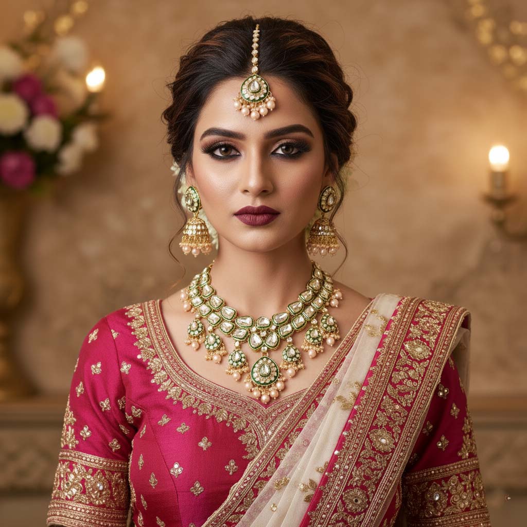 Ethnic Gold Color Kundan Necklace Set With Wedding Stone Details