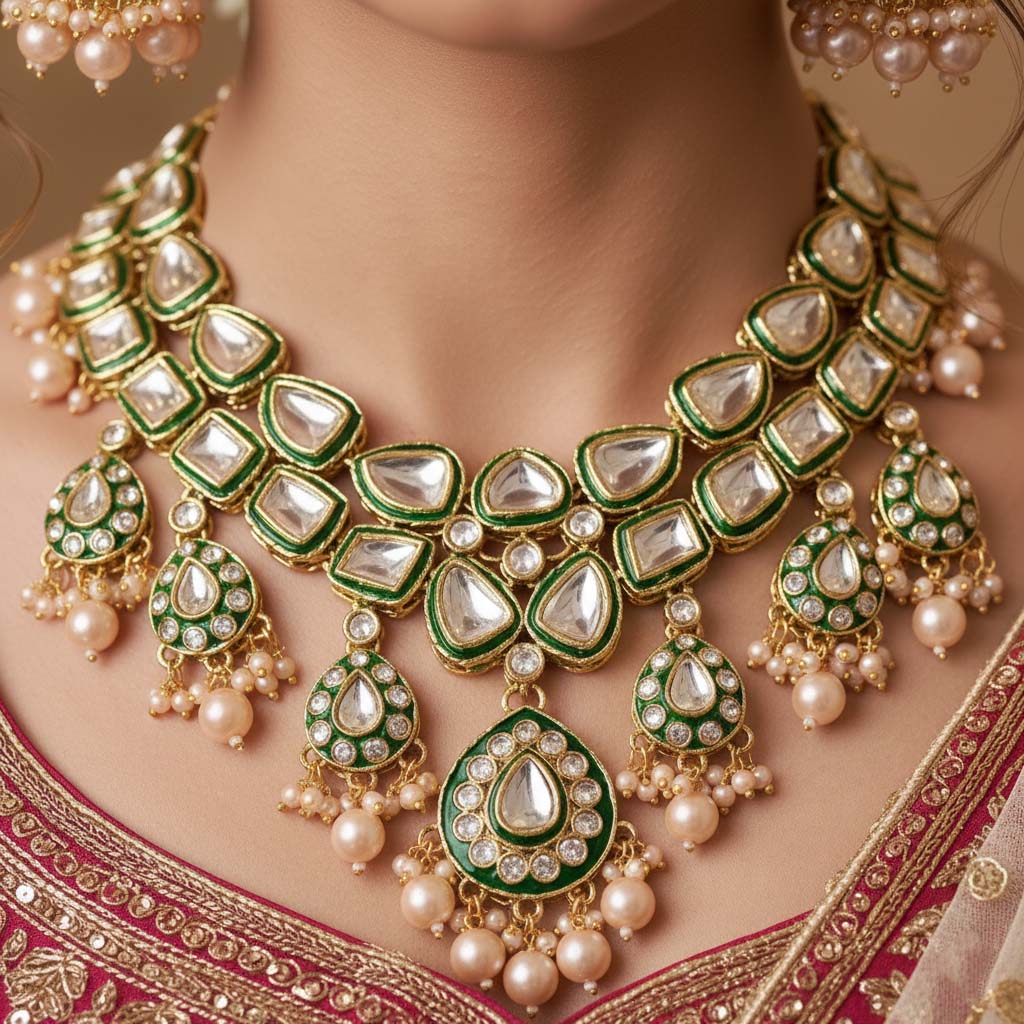 Ethnic Gold Color Kundan Necklace Set With Wedding Stone Details