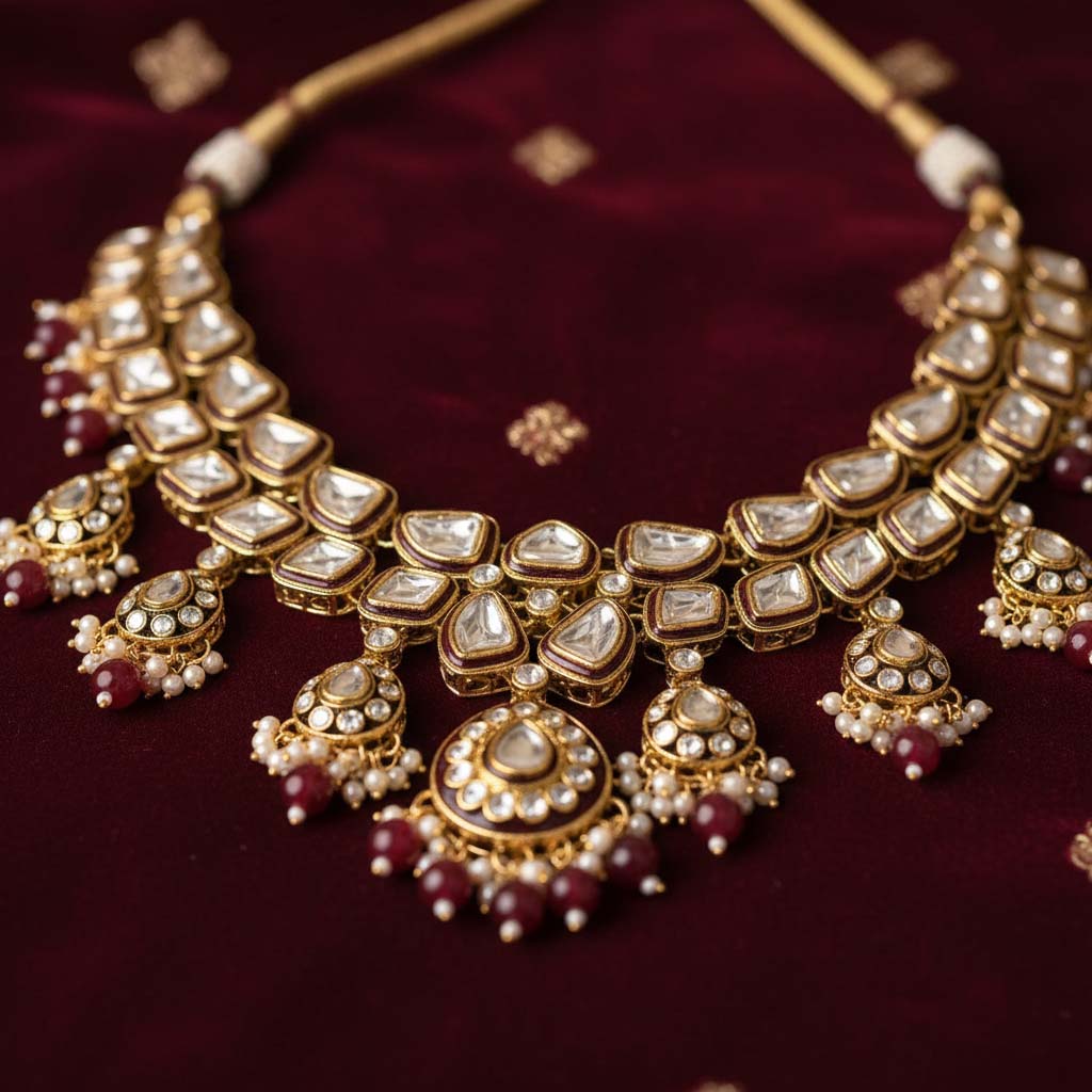 Glamorous Maroon Color Kundan Necklace Set With Gold Highlights