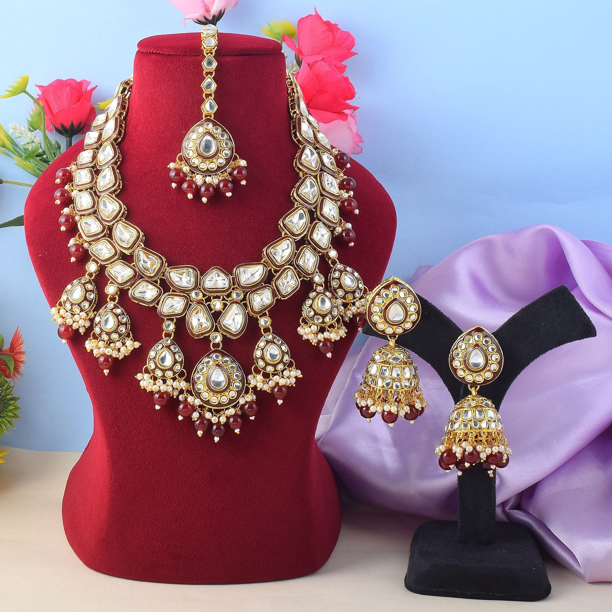 Glamorous Maroon Color Kundan Necklace Set With Gold Highlights