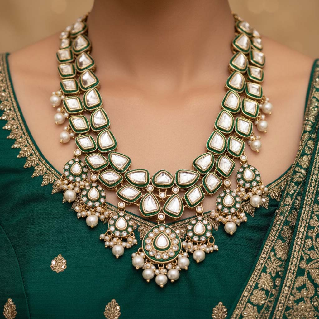 Ethnic White Color Kundan Necklace Set With Wedding Stone Details