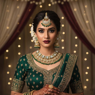 Radiant Green Color Kundan Necklace Set With Antique Finishing