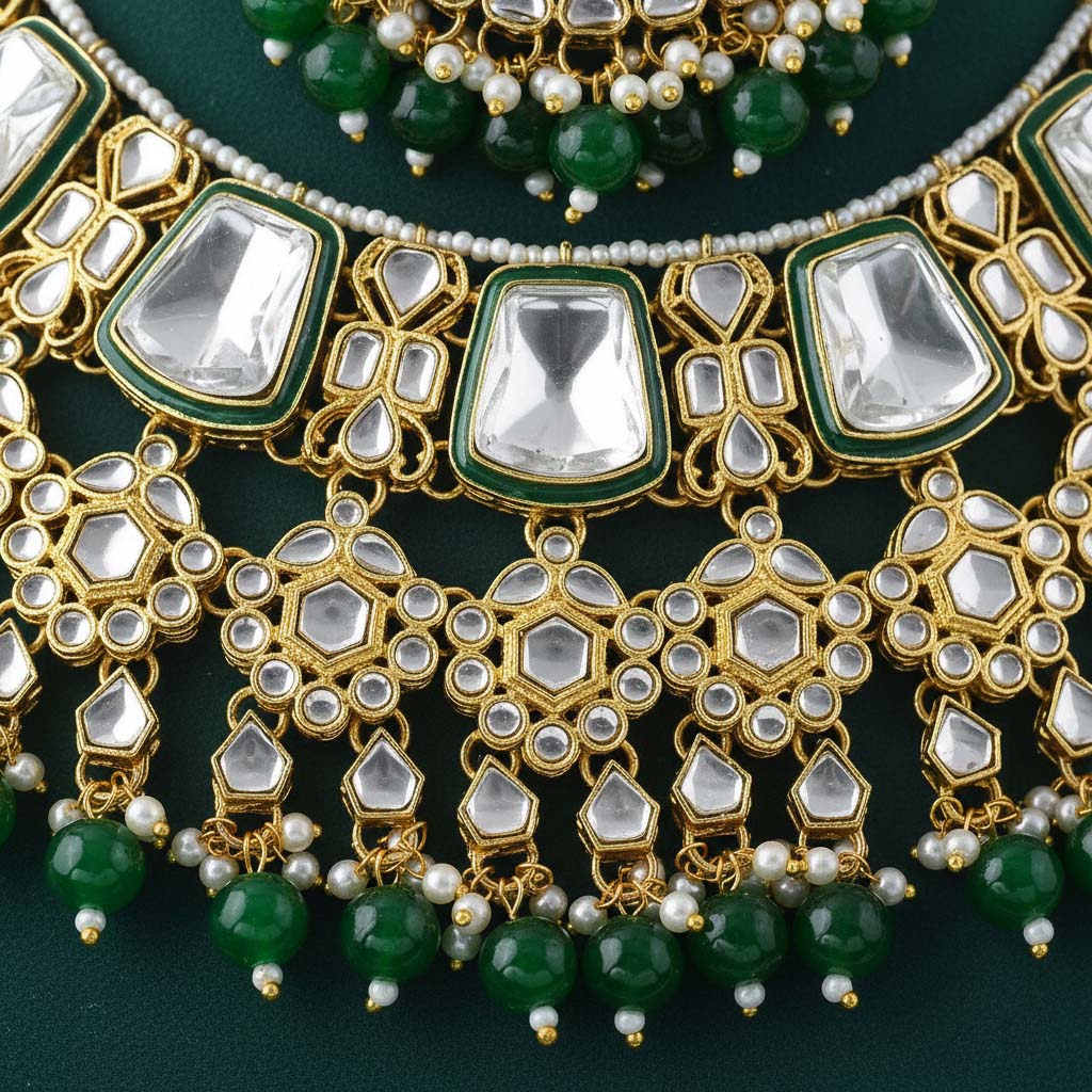 Radiant Green Color Kundan Necklace Set With Antique Finishing