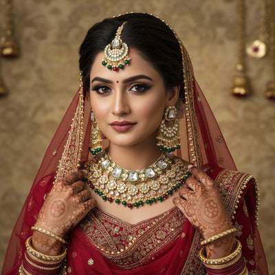 Maroon & Green Color Kundan Necklace Set For Engagement Ceremonies