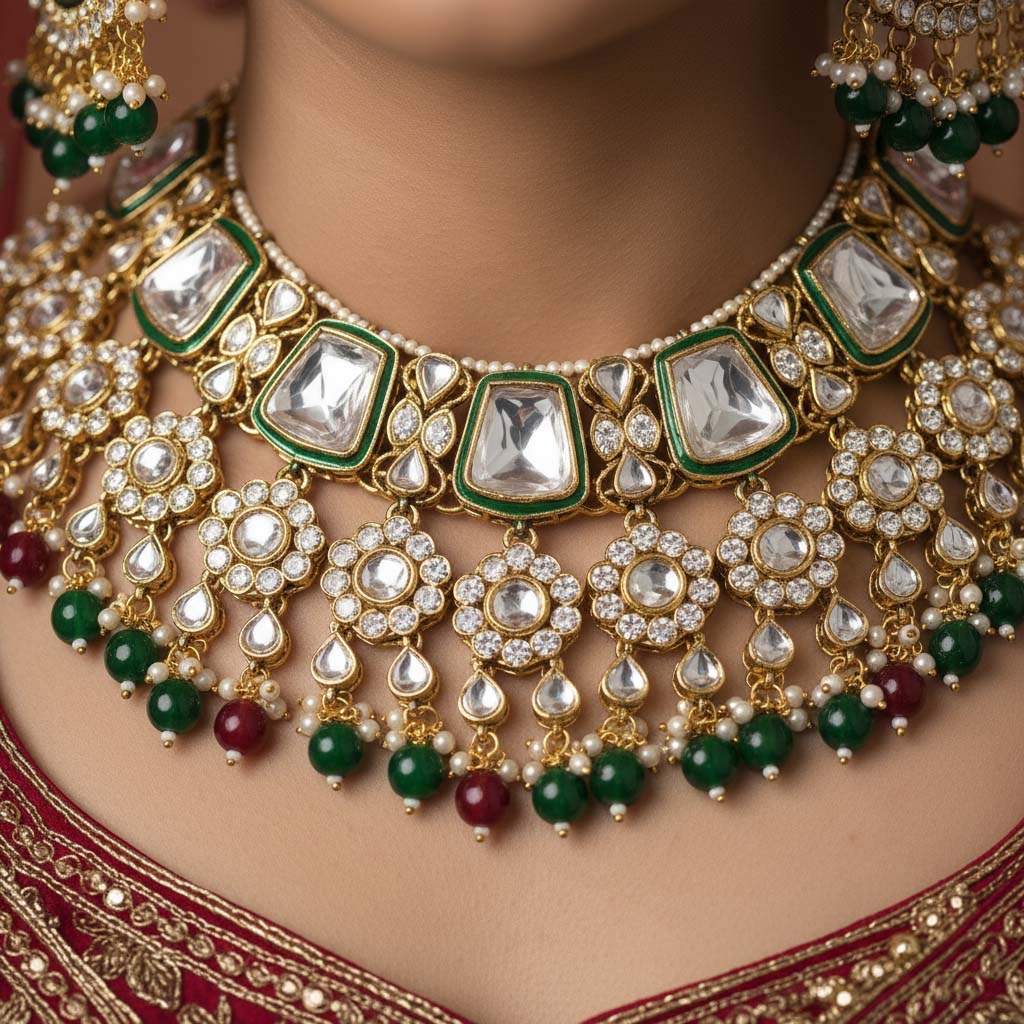 Maroon & Green Color Kundan Necklace Set For Engagement Ceremonies