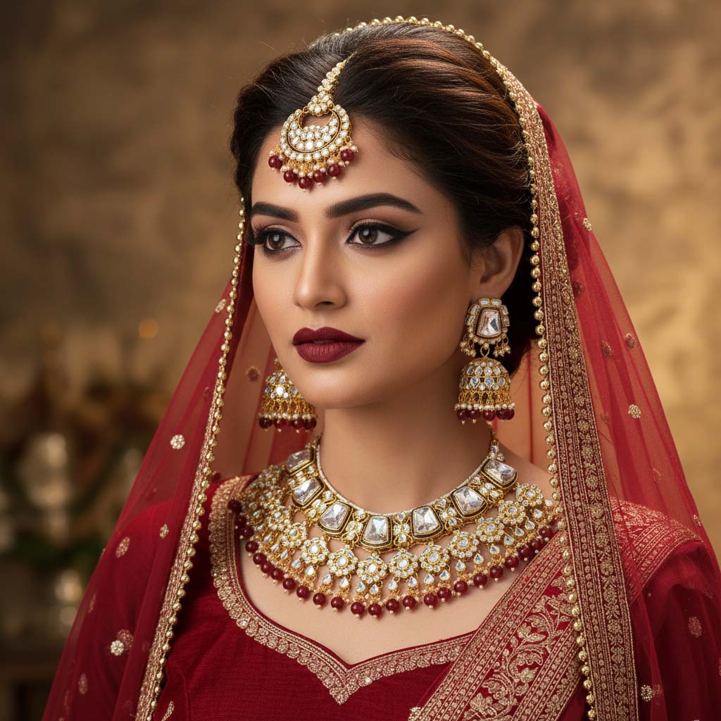 Rich Maroon Color Kundan Necklace Set For Engagement Ceremonies