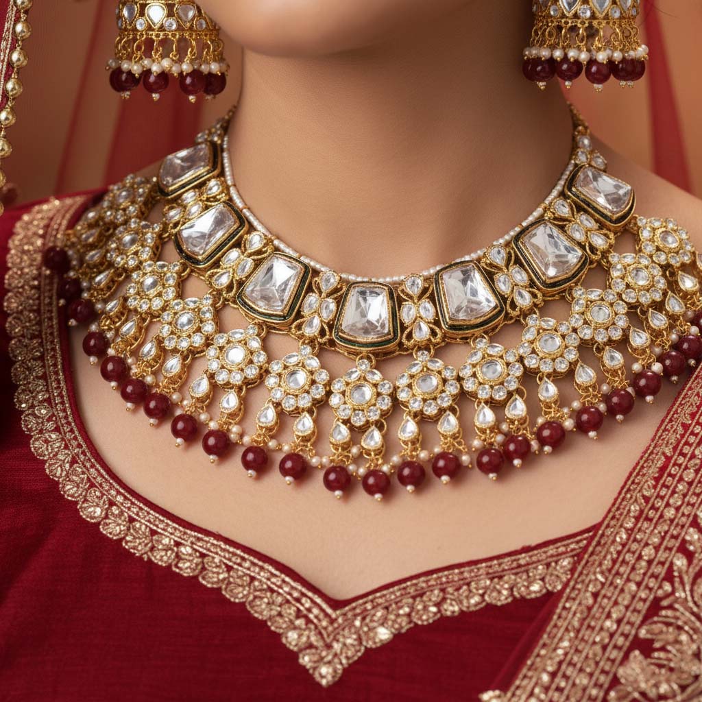 Rich Maroon Color Kundan Necklace Set For Engagement Ceremonies