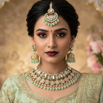 Festive Pista Green Color Kundan Necklace Set For Party Wear