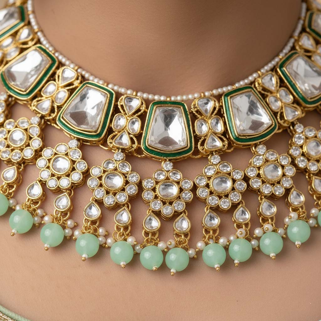 Festive Pista Green Color Kundan Necklace Set For Party Wear