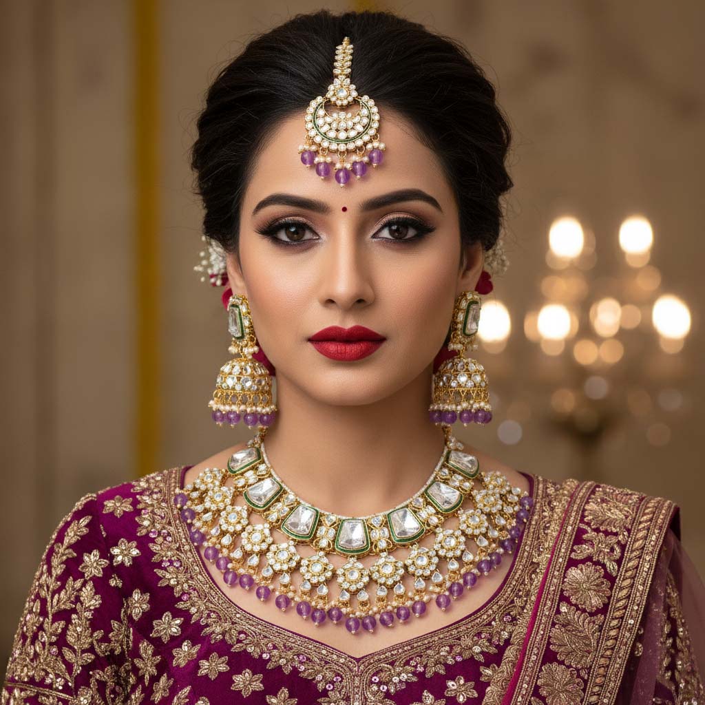 Royal Purple Color Kundan Necklace Set With Gold And Gem Detailing